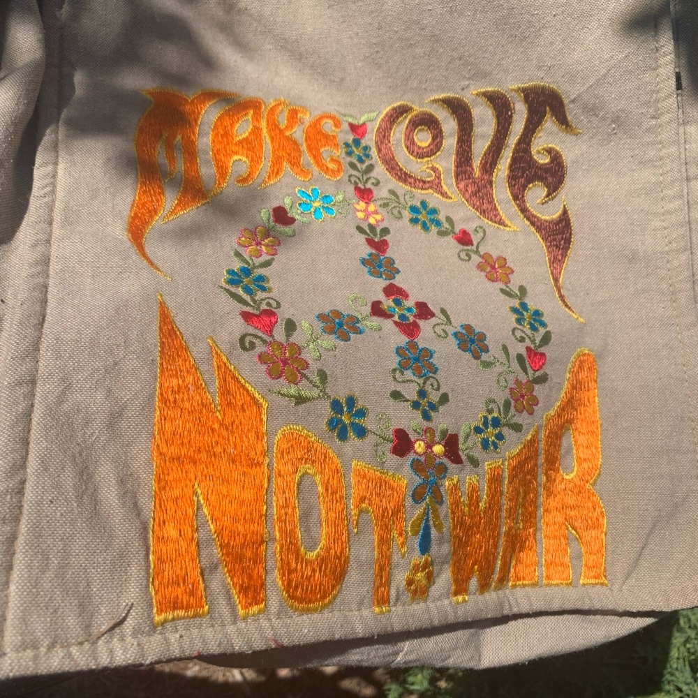 Make Love Not War, Embroidered Beige Crossbody